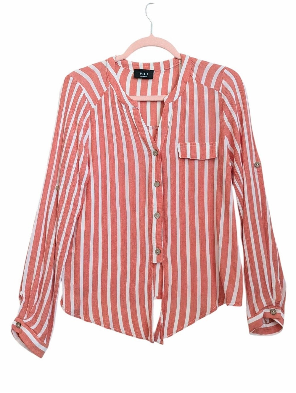 Vici Striped Roll Tab Sleeve Tie Blouse Size Medium Split Neck Lightweight